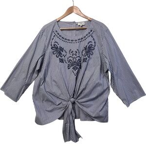 Grand & Greene Striped Floral Embroidered Tie Front Blouse Top Size‎ 1X